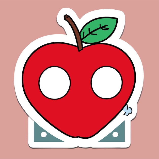 Plik wektorowy czerwone jabłko z łodygą i liściem zdrowa żywność wegetariańska naklejka kreskówkowa w stylu komiksowym z konturem