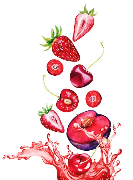 Czerwone jagody i owoce wchodzące w plusk czerwonego soku