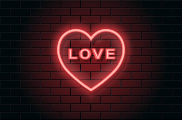 Czerwone Neonowe Serce Na Walentynki Na Czarnym Tle Brickwall. Neonowe Logo