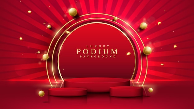 Czerwone podium z ekspozycją produktów ze złotym kółkiem i elementami kuli 3D z efektem świetlnym brokatu