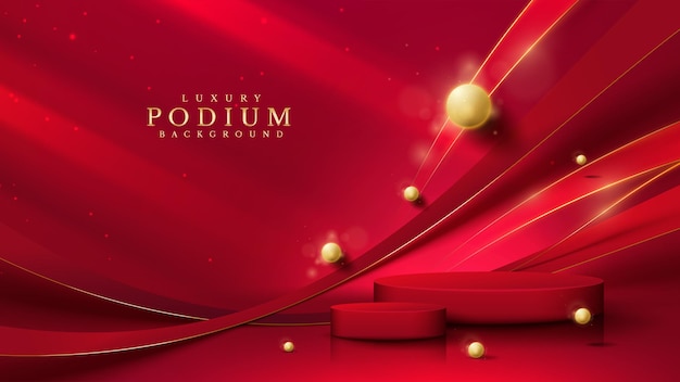 Czerwone podium z ekspozycją produktu ze złotą linią krzywej i elementami kuli 3D z dekoracją bokeh