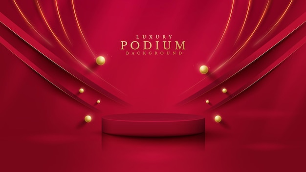 Czerwone podium z ekspozycją produktu ze złotą linią krzywej i elementami kuli 3D z dekoracją bokeh