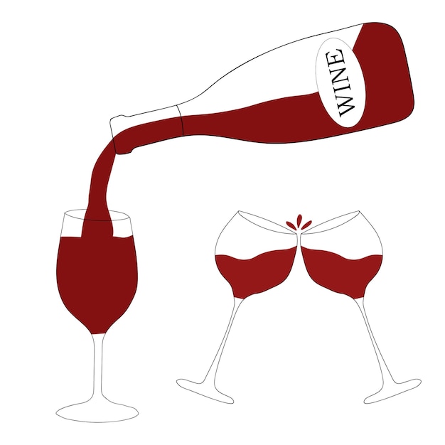 Czerwone wino w butelce wlewa się do szklanej ilustracji wektorowych w stylu doodle