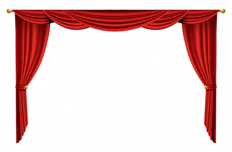 Wektor czerwone zasłony realistyczne. tkanina teatralna jedwabna dekoracja do kina lub sali operowej. zasłony i draperie obiekt do dekoracji wnętrz. pojedynczo na białym na scenie teatralnej