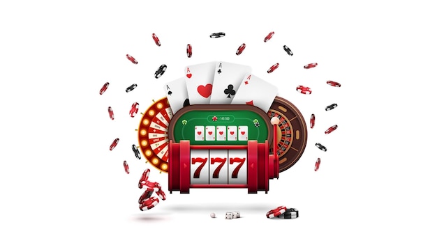 Czerwony Automat Do Gry Casino Wheel Fortune Wheel Roulette Poker żetony Do Pokera I Karty Do Gry W Stylu Kreskówki Na Białym Tle