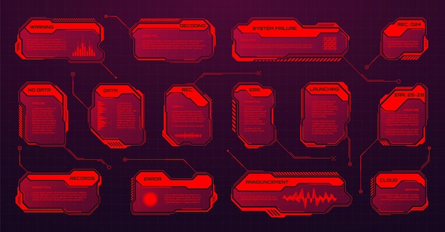 Czerwony futurystyczny hud lub elementy ui scifi interfejs użytkownika pudełka tekstowe wywołują ramki wiadomości ostrzegawczych.