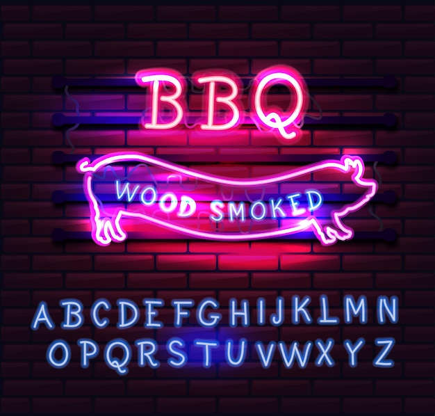 Plik wektorowy czerwony i różowy neon bbq pig znak na tle cegły. grill w stylu neonowym.