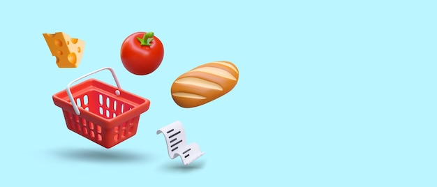 Plik wektorowy czerwony koszyk z serem, pomidorem, chlebem, papierowym rachunkiem koncepcja kupowania w sklepie spożywczym