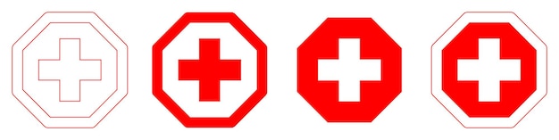 Czerwony Krzyż Zestaw Pierwszej Pomocy Ośmiokątny Znak Medycyny Symbol Zdrowia Szpitalna Opieka Ikony Logo Izolowane Białe