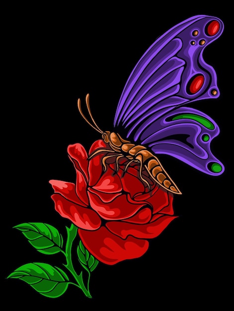 Czerwony Kwiat Róży Z Pięknym Wektorem Motyla 17
