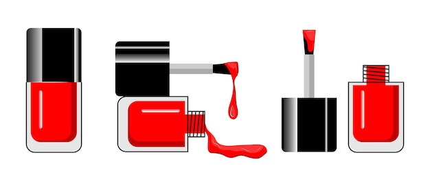 Plik wektorowy czerwony lakier do paznokci w szklanej butelce z otwartą pokrywką i lakierem do paznokci wylewającym się z butelki