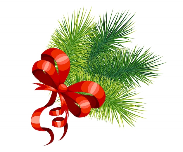 Plik wektorowy czerwony łuk i gałęzie choinki. wystrój noworoczny i świąteczny. ilustracja na białym tle.