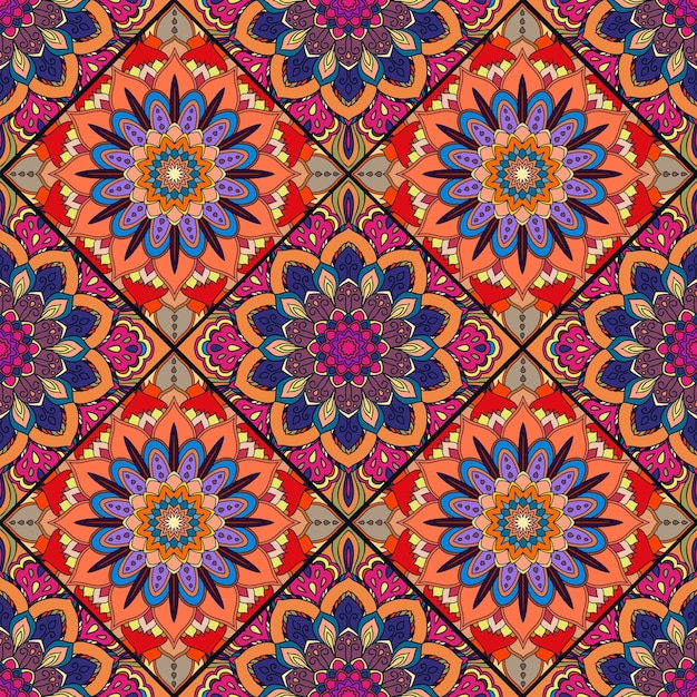 Czerwony Niebieski Boho Kwiat Bezszwowy Wzór Mandala patchwork kwiatowy płytki Orientalny projekt hipisowski Niezwykły ozdobny ornament Tapeta tkanina Drukuj Meble Tekstylne Poduszka Deco Tło Wektor