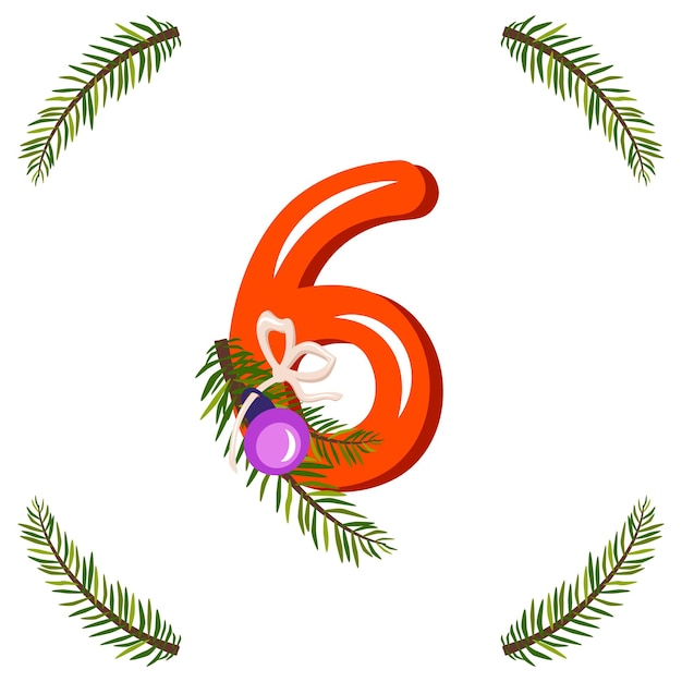 Plik wektorowy czerwony numer sześć z zieloną gałęzią choinki, piłką i łukiem. świąteczna figura na szczęśliwego nowego roku i jasny alfabet
