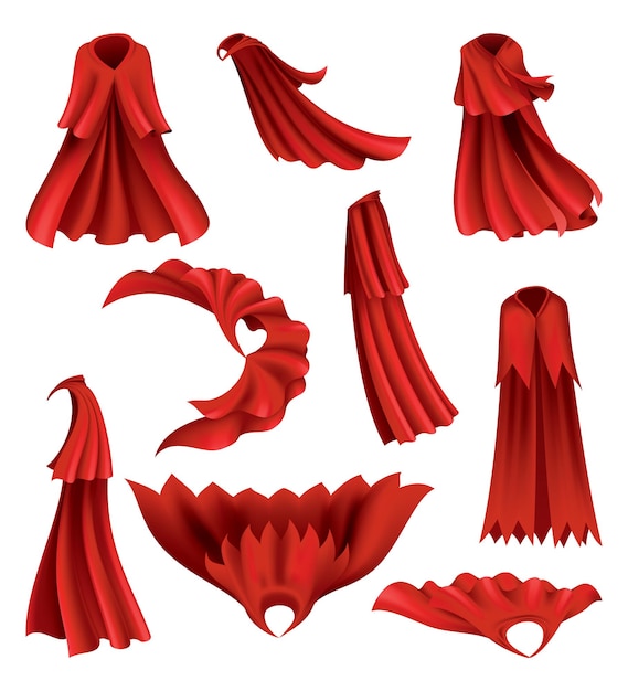 Plik wektorowy czerwony płaszcz superbohatera w różnych pozycjach widok z przodu i z boku szkarłatna tkanina jedwabny płaszcz kostium płaszcz lub okładka zestaw wektorowy kreskówki