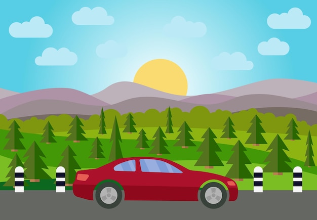 Plik wektorowy czerwony samochód na drodze na tle wzgórz zielonych drzew i wschodzącego słońca vector illustrationxa