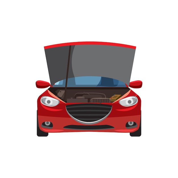 Plik wektorowy czerwony samochód z ikoną otwartej maski w stylu kreskówki na białym tle
