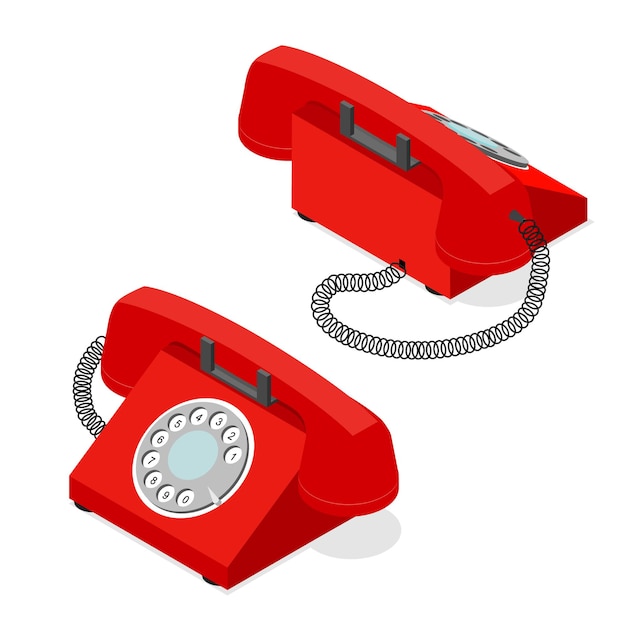 Czerwony Stary Telefon Ustaw Widok Izometryczny Z Pokrętłem Obrotowym. Symbol Wsparcia I Serwisu