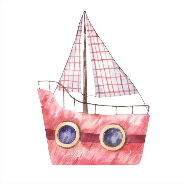 Czerwony Statek Z żaglem W Klatce, śliczna Akwarela Dla Dzieci Ilustracja Na Białym Tle