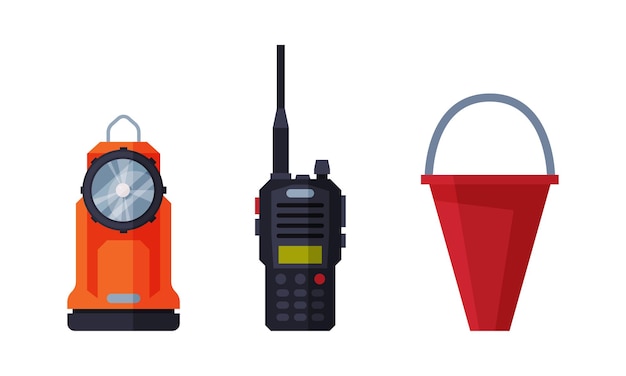 Czerwony wiadro przeciwpożarowe i walkie-talkie jako zestaw wektorowy sprzętu przeciwpożarowego