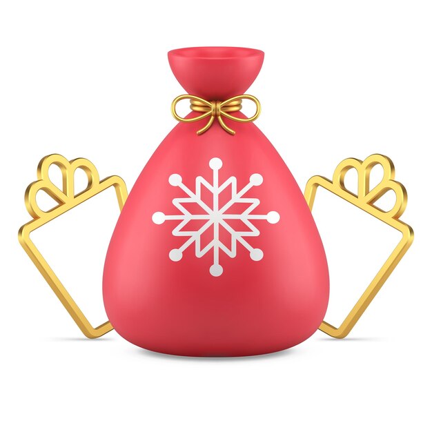 Plik wektorowy czerwony worek świętego mikołaja z ornamentem w kształcie płatka śniegu i złotą ramą prezentową realistyczną ikoną 3d wektor