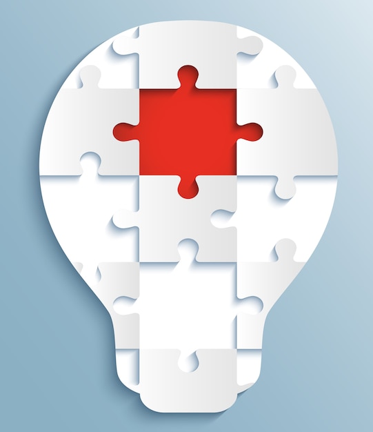 Część puzzli w postaci żarówek nawiązujących do czerwonego fragmentu układanki