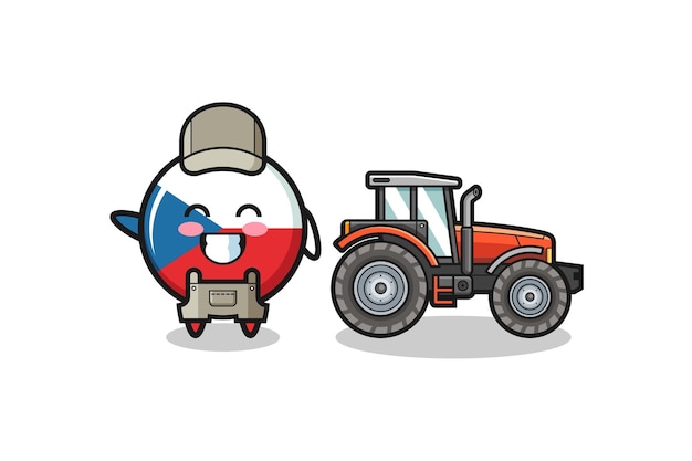 Plik wektorowy czeska flaga maskotka rolnika stojąca obok uroczego projektu ciągnika