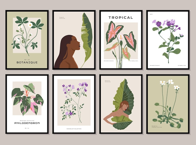 Plik wektorowy czeska kolekcja portretów kobiet i ilustracji botanicznych do galerii sztuki ściennej