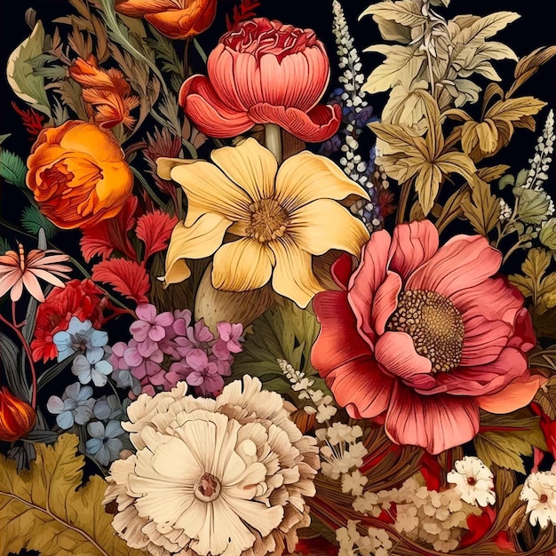 Plik wektorowy czeski kwiatowy tło vintage obraz bukiet kwiatów z żółtym i pomarańczowym kwiatem