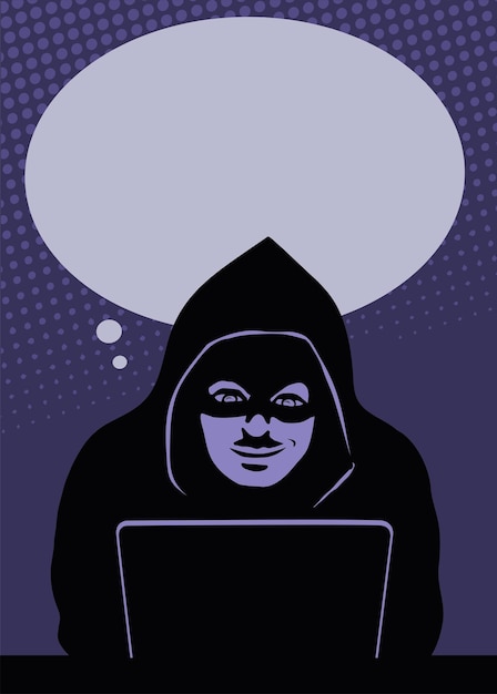 Plik wektorowy człowiek haker i laptop cracker człowiek z bańki na tekst nowoczesna technologia cyber atak i hakowanie