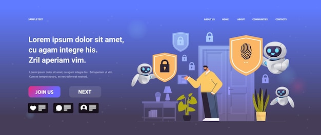 Człowiek i roboty dotykające skanera linii papilarnych kontrolującego inteligentne urządzenia domowe z kontrolą dostępu do skanowania biometrycznego