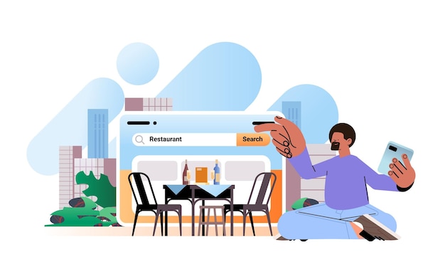 Człowiek Korzystający Ze Smartfona Z Restauracją Słowo W Wyszukiwarce Bar Jedzenie Internetowa Rezerwacja Restauracji Koncepcja Ilustracja Wektorowa Pozioma