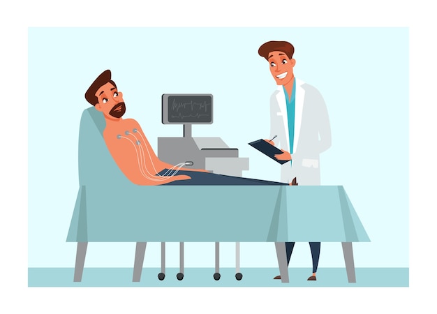 człowiek leżący na łóżku kliniki z lekarzem