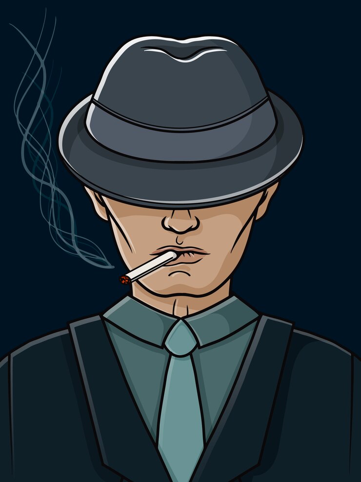Człowiek mafii z kapeluszem i papierosem. Gangster. ilustracja.