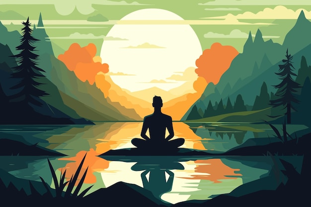 Plik wektorowy człowiek medytujący w przyrodzie w pozycji lotosu podczas ilustracji wektorowych piękny zachód słońca płaski