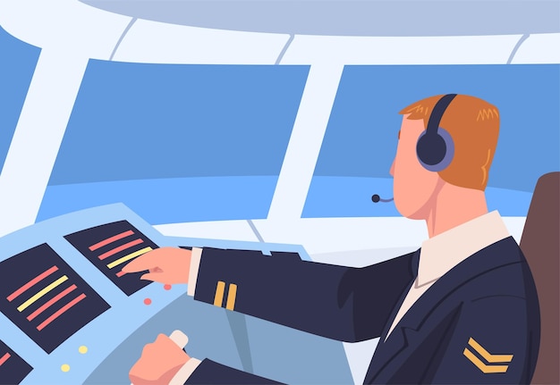 Człowiek pilot samolotu lub lotnik siedzący w kabinie samolotu na ilustracji wektorowej panelu sterowania