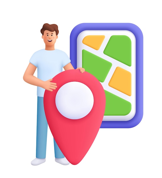 Człowiek stojący w pobliżu dużej mapy pin lub geotag i smartfon z mapą miasta 3D wektor ludzi charakter