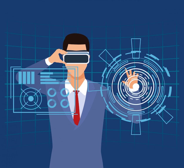 Człowiek technologii sztucznej inteligencji za pomocą przycisku polecenia funkcji gogle vr