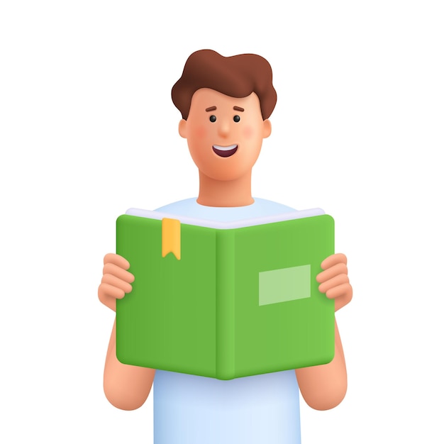 Człowiek trzymający lub czytający otwartą książkę Koncepcja edukacyjna 3D Wektor ludzie postać minimalistyczny styl kreskówki