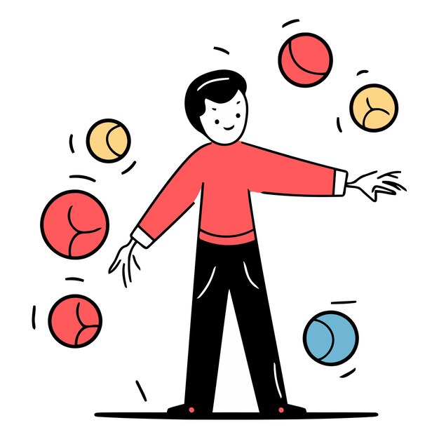 Plik wektorowy człowiek z kreskówek żonglujący piłkami w płaskim stylu liniowym