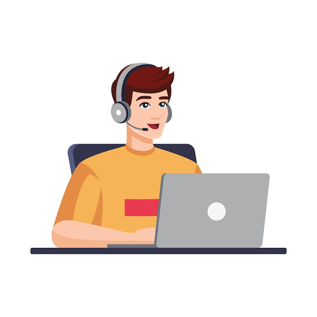 Człowiek z mikrofonem w słuchawkach komputerowych Ilustracja do obsługi call center Ilustracja wektorowa w płaski