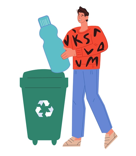 Człowiek Z Zużytą Plastikową Butelką Do Recyklingu Ilustracji Wektorowych Płaski Na Białym Tle