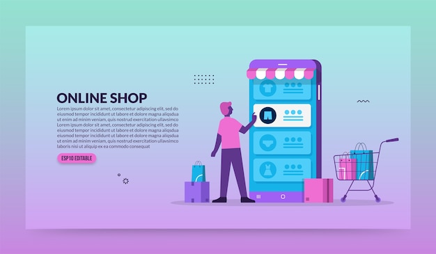Człowiek za pomocą aplikacji mobilnej do zakupów online, mobilnego sklepu i koncepcji e-commerce