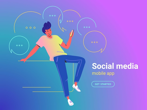 Człowiek za pomocą ilustracji wektorowych koncepcja aplikacji mobilnej młody facet siedzi ze smartfonem za pomocą aplikacji mobilnej do wysyłania wiadomości tekstowych i wiadomości błyskawicznych w mediach społecznościowych. Szczęśliwi jasni ludzie na gradientowym tle