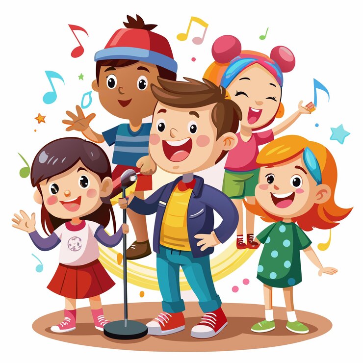 Czterech dzieci śpiewających karaoke razem z mikrofonami z żółtymi nutami muzycznymi gwiazdami i konfetti w tle