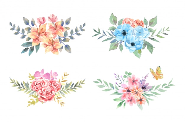 Cztery bukiety akwarela Lily, Anemone, Rose i Cynia z pomarańczowym motylem układają się na białym tle