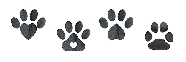 Plik wektorowy cztery czarne ślady zwierząt akwarelowych z kształtami serca