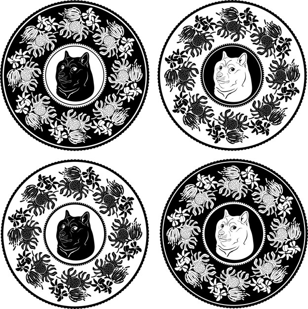 cztery czarne wzory psów z kwiecistą ramą ręcznie robiony zestaw sylwetki