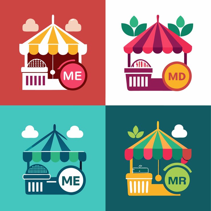 Cztery kolorowe ilustracje stoisk rynkowych z paskowymi markizami, z których każda ma inny schemat kolorystyczny oferujący różnorodne produkty