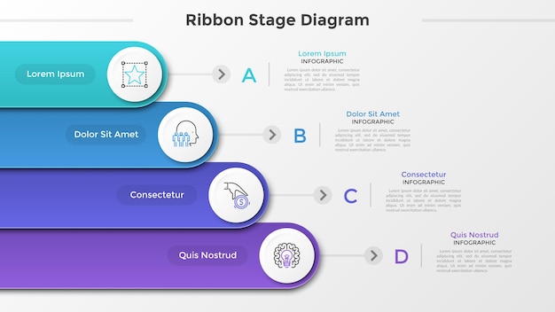 Cztery Kolorowe Zaokrąglone Wstążki Z Okrągłymi Białymi Elementami Papieru I Liniowymi Symbolami Umieszczonymi Jedna Pod Drugą. Koncepcja 4 Poziomów Postępu Biznesowego. Szablon Projektu Plansza. Ilustracja Wektorowa.
